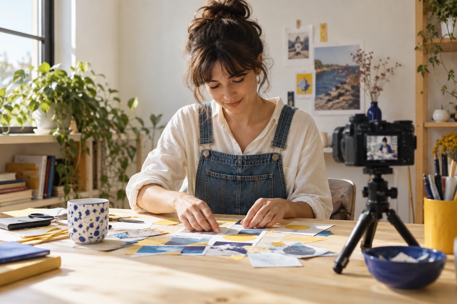 A creator arranging a paper collage while recording at a sunlit studio table
