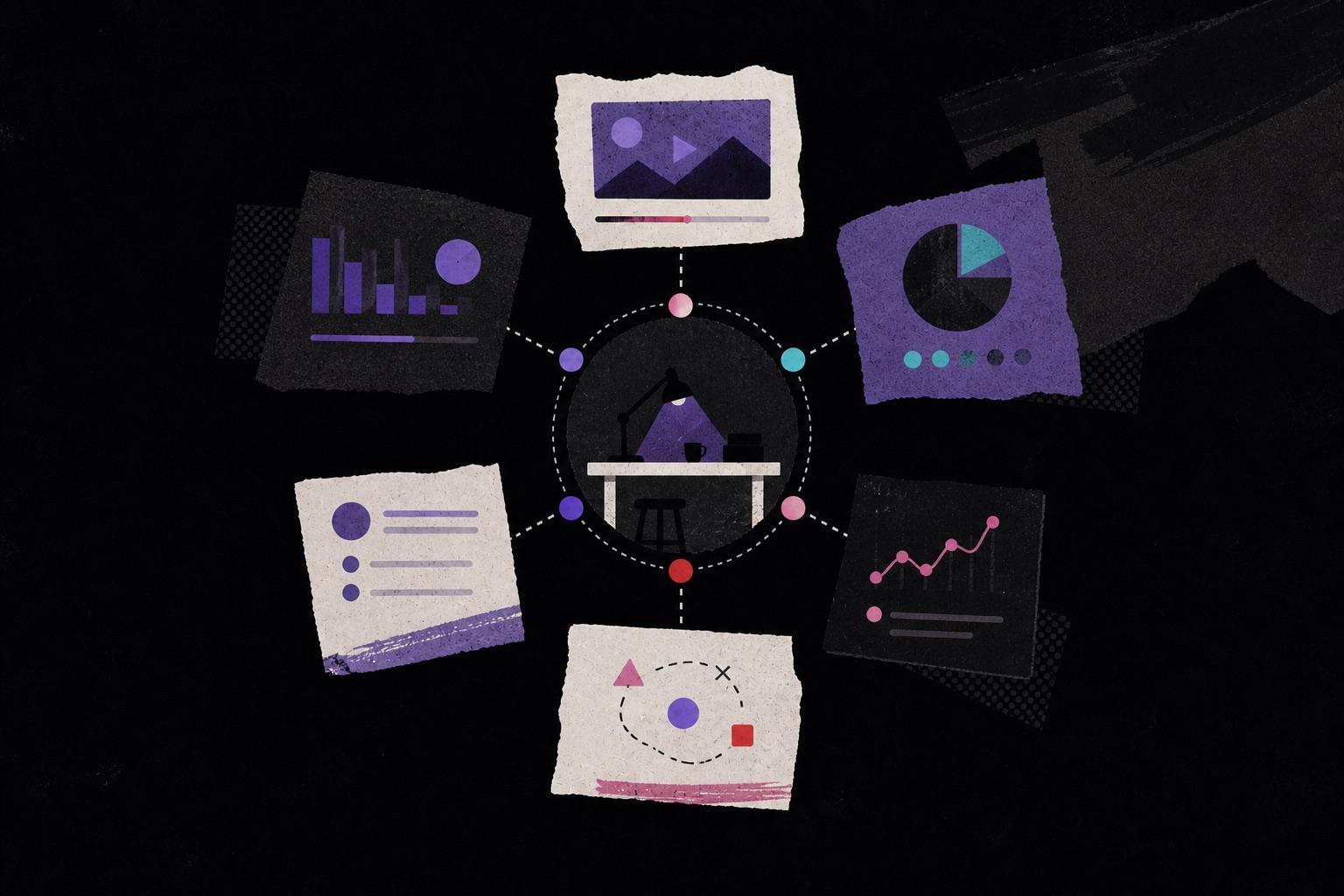Editorial illustration of a creative memory connecting videos, analyses, benchmarks, and decisions