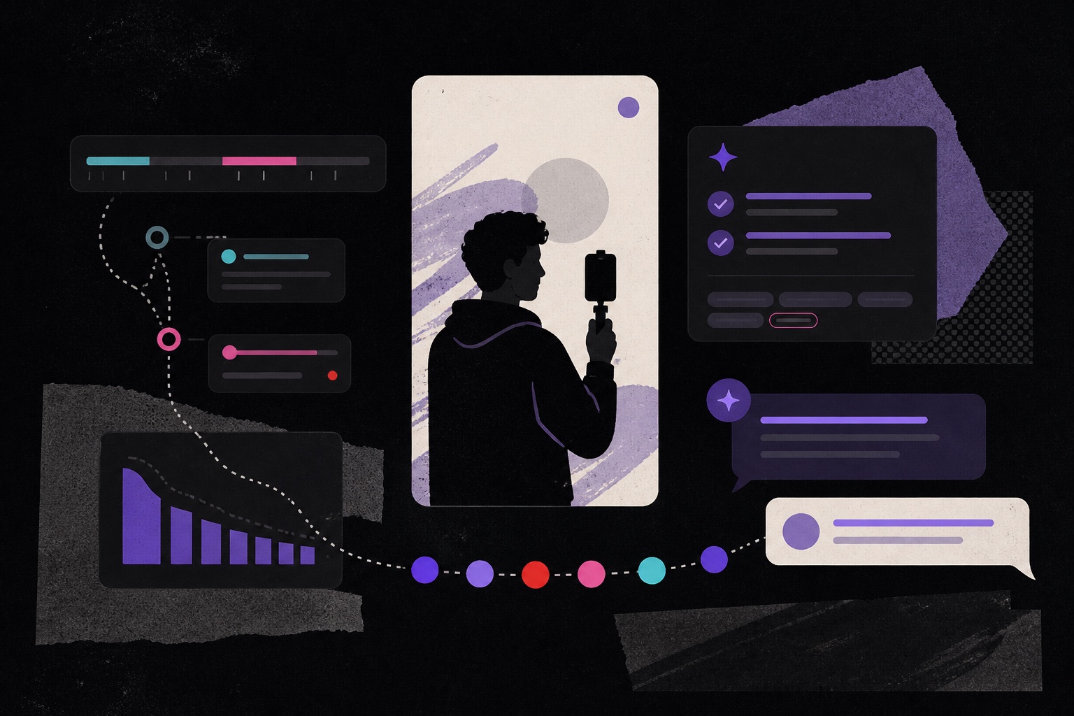 Editorial illustration of a video connected to attention analysis, a scene plan, and a personal AI copilot