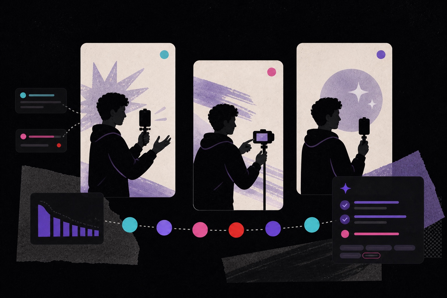 Editorial storyboard illustration showing three scenes connected to analysis and an edit plan
