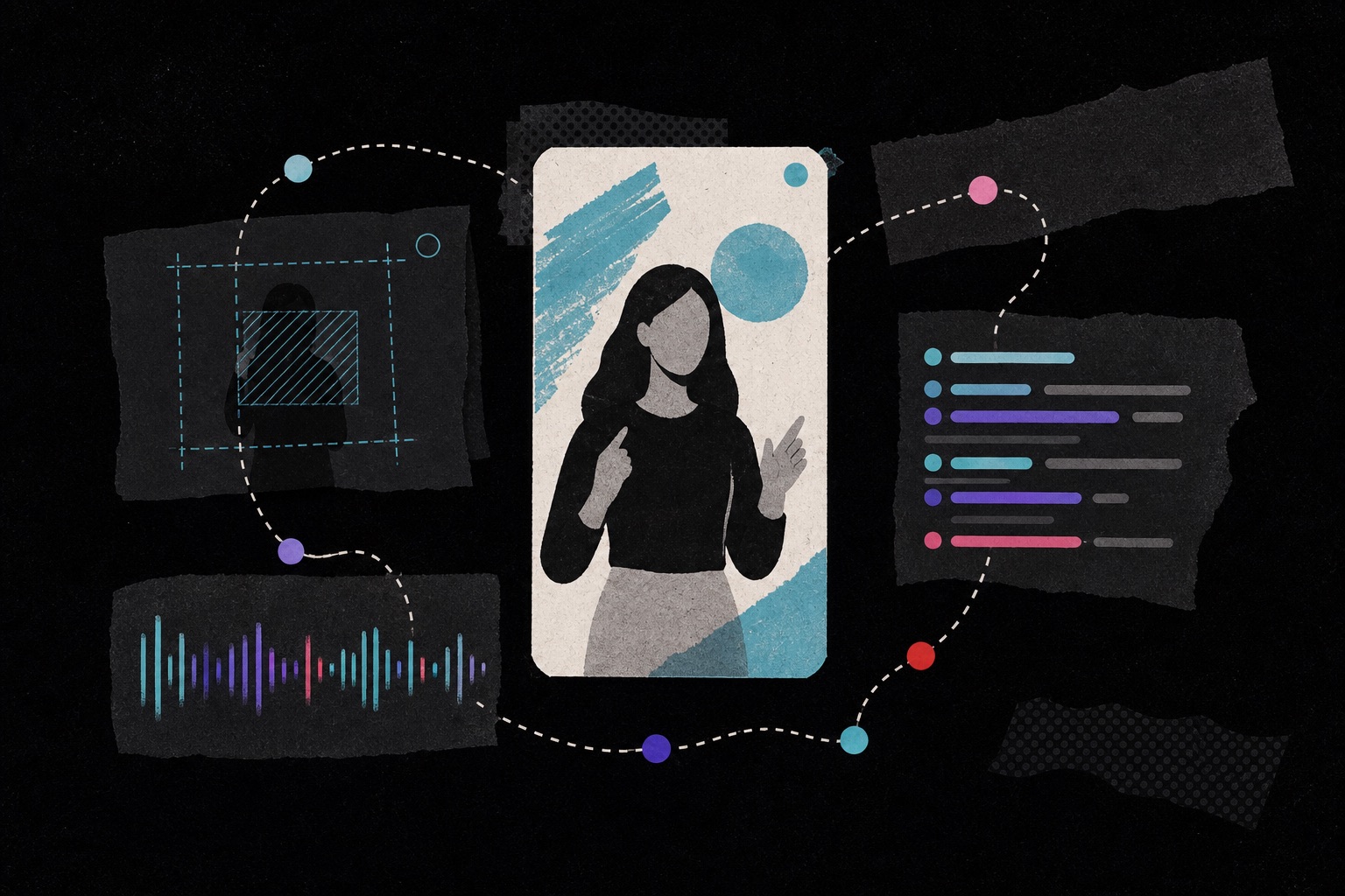 Editorial illustration of a creator video broken into framing, attention rhythm, and speech cadence
